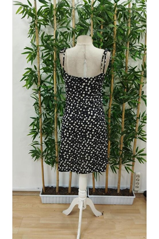 Kadın Ip Askılı Omuzlardan Bağcıklı çiçek Desenli Süprem Elbise