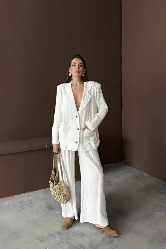 MODAVERA Beyaz Oversize Müslin Takım