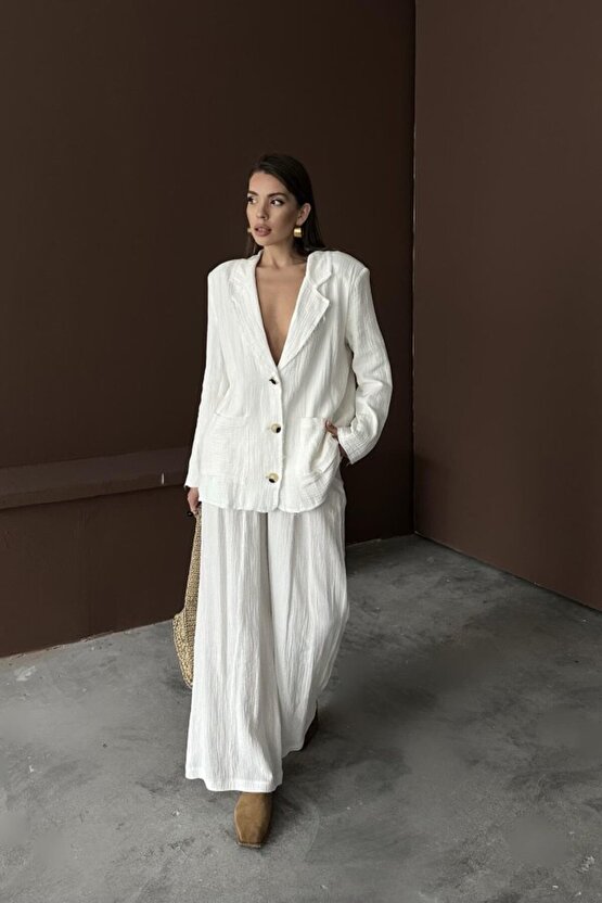 MODAVERA Beyaz Oversize Müslin Takım