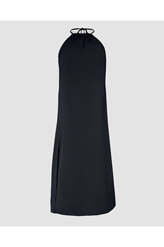 Kadın Boyundan Askılı Halter Kollu Viskon Elbise