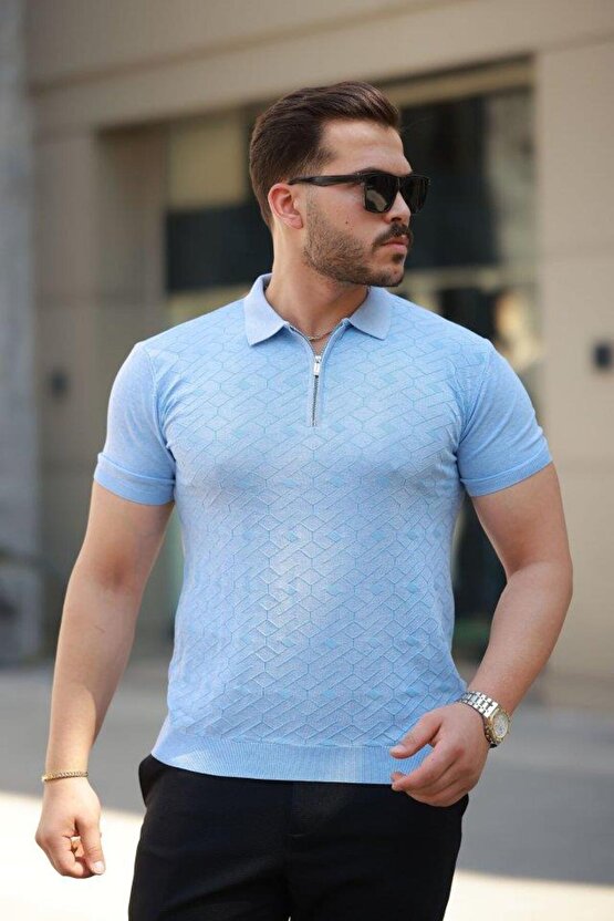 Erkek Fermuar Yakalı Baklava Desen Kısa Kollu Gömlek