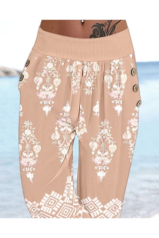 Edolika Kadın Beli Lastikli Etnik Desenli Kapri Süprem Pantolon