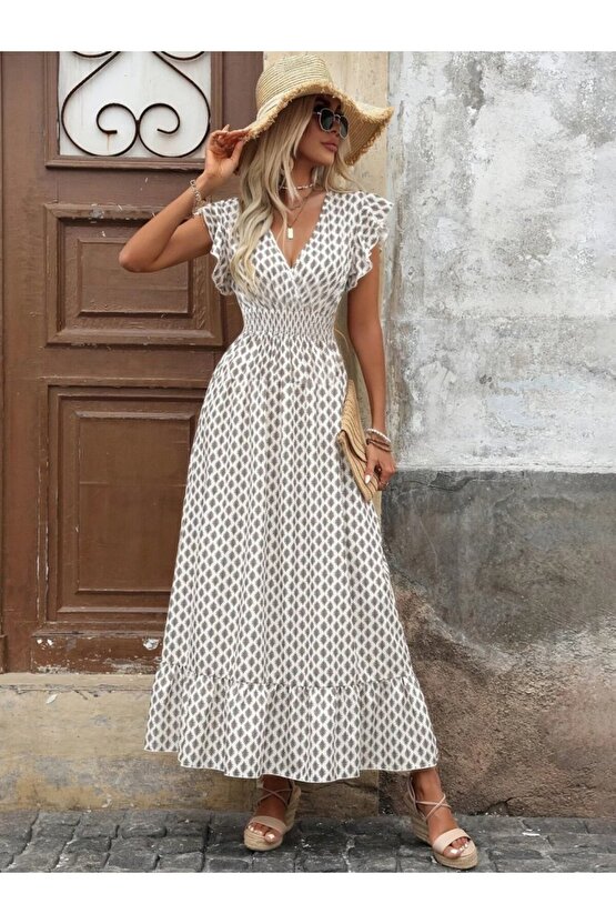 Kadın Kısa Kelebek Kollu Kruvaze Yakalı Desenli Süprem Elbise