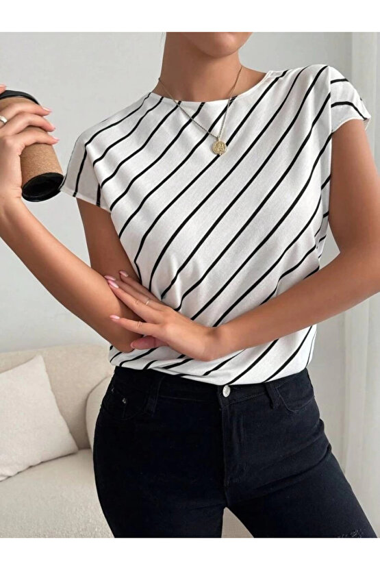 Kadın Kısa Yarasa Kollu Bisiklet Yaka çizgi Desenli Atlas Bluz