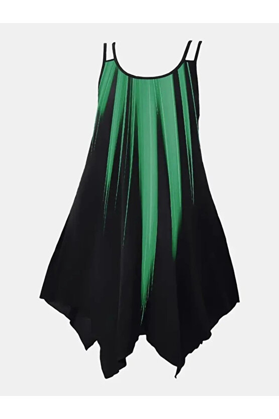 Kadın Askılı Yuvarlak Yaka Asimetrik Detaylı Desenli Süprem Elbise