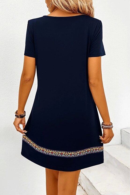 MDB Kadın Kısa Kollu V Yakalı Etnik Desen şerit Detaylı Viskon Elbise