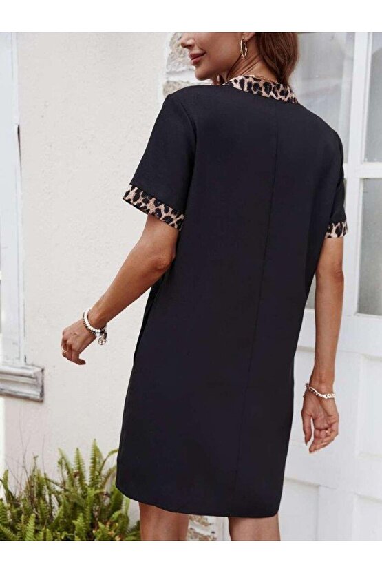 Kadın Kısa Kollu V Yakalı Leopar Desen Detaylı Modal Elbise