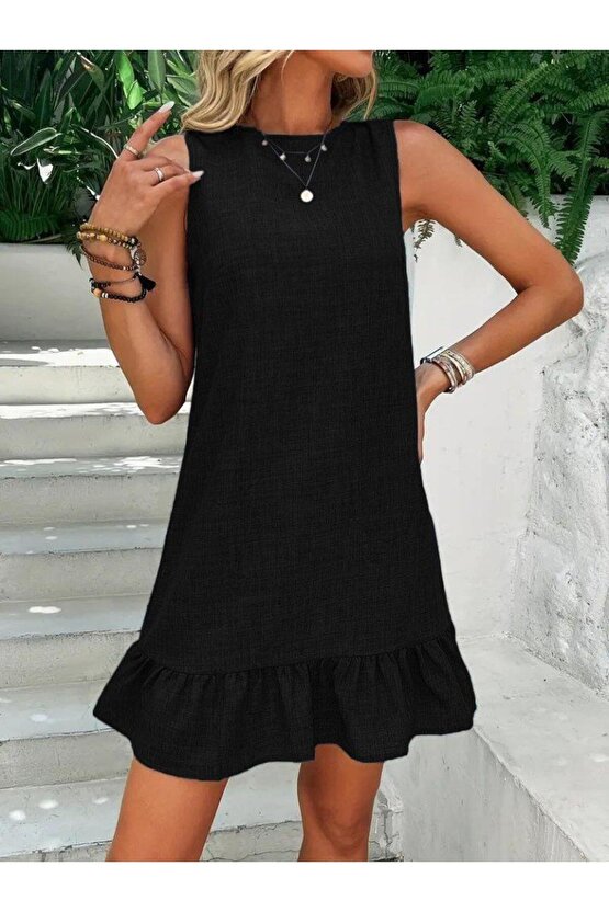 Kadın Kolsuz Bisiklet Yaka Fırfırlı Sofya Elbise