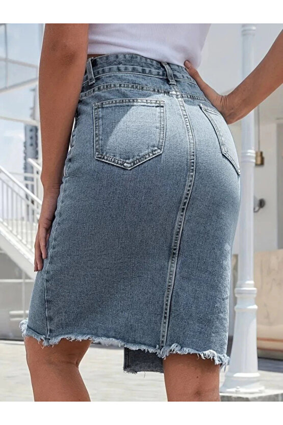 MDB Kadın Elastik Bel Yırtık Kenar Detaylı Kot Etek