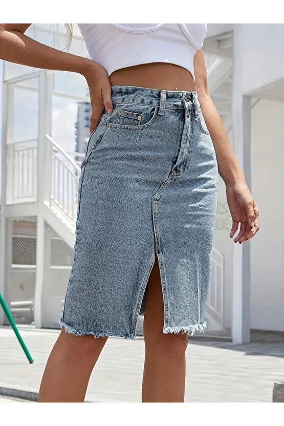 MDB Kadın Elastik Bel Yırtık Kenar Detaylı Kot Etek