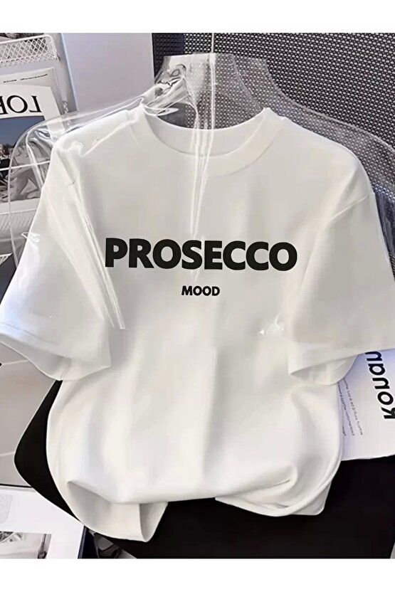 201 Penye Compack Baskılı Oversize Kısa Kol Bisiklet Yaka T-shirt - Beyaz