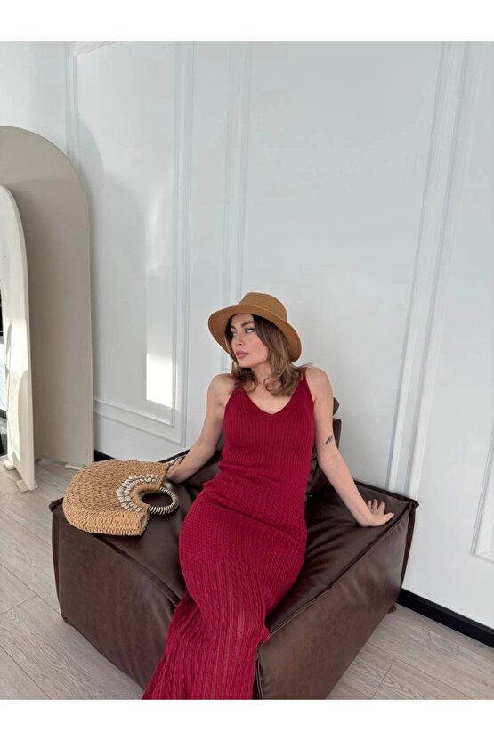 Örgülü Uzun Triko Elbise - Bordo