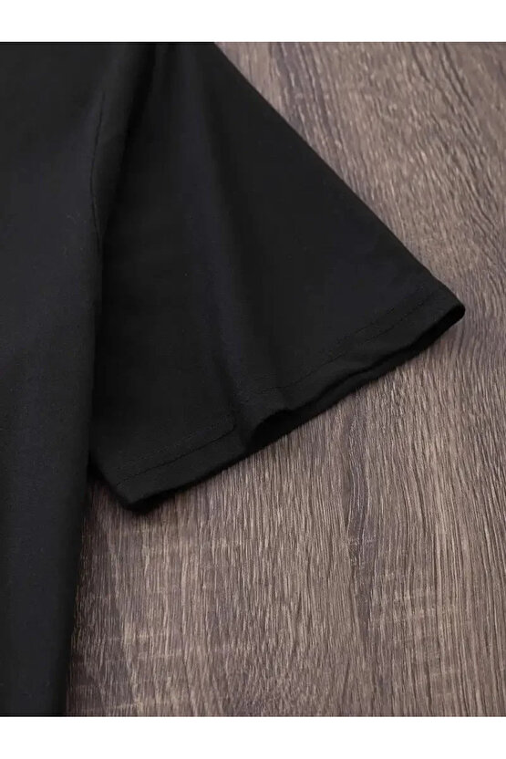 201 Penye Compack Baskılı Oversize Bisiklet Yaka Kısa Kol Yazlık T-shirt - Siyah