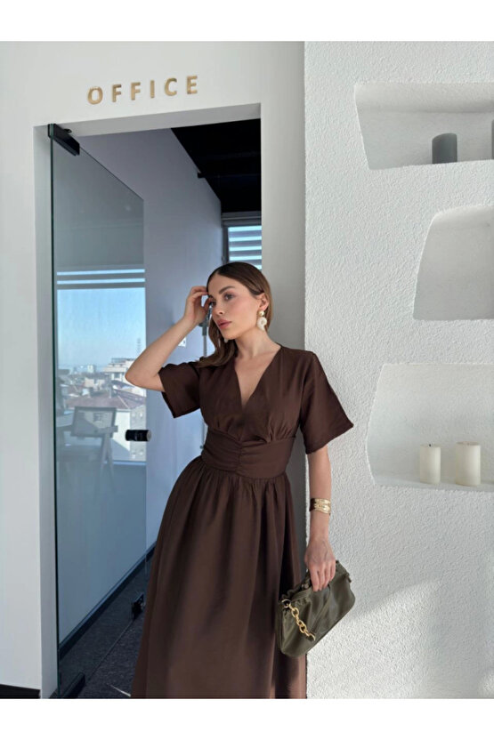 Kısa Kollu Uzun Elbise - Kahve