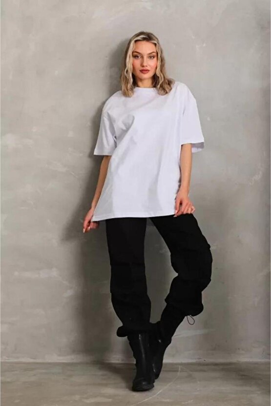 Unisex Bisiklet Yaka 201 Düz Oversize T-Shirt - Beyaz