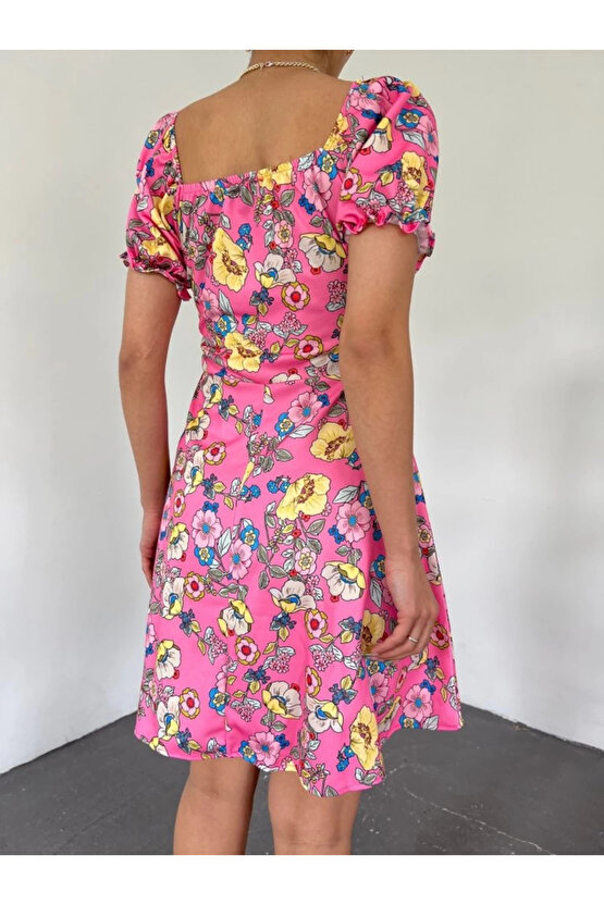 Yakası Lastikli Bağcık Detaylı Mini Elbise -Pembe