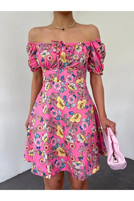 Yakası Lastikli Bağcık Detaylı Mini Elbise -Pembe