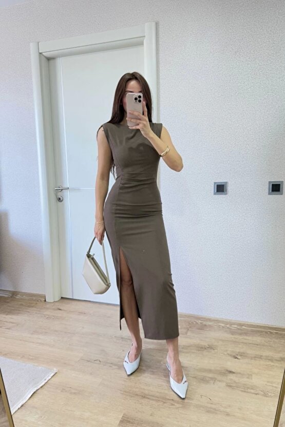 Yırtmaç Detaylı Sırtlı Kapalı Yandan Derin Yırtmaç Detaylı Kolsuz Elbise - Antrasit