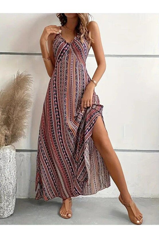 Kadın Ip Askılı Sırttan çapraz Detaylı Yırtmaçlı Desenli Süprem Elbise