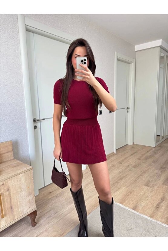 Kısa Kollu Bluz Mini Etekli ikili Takım Triko - Bordo