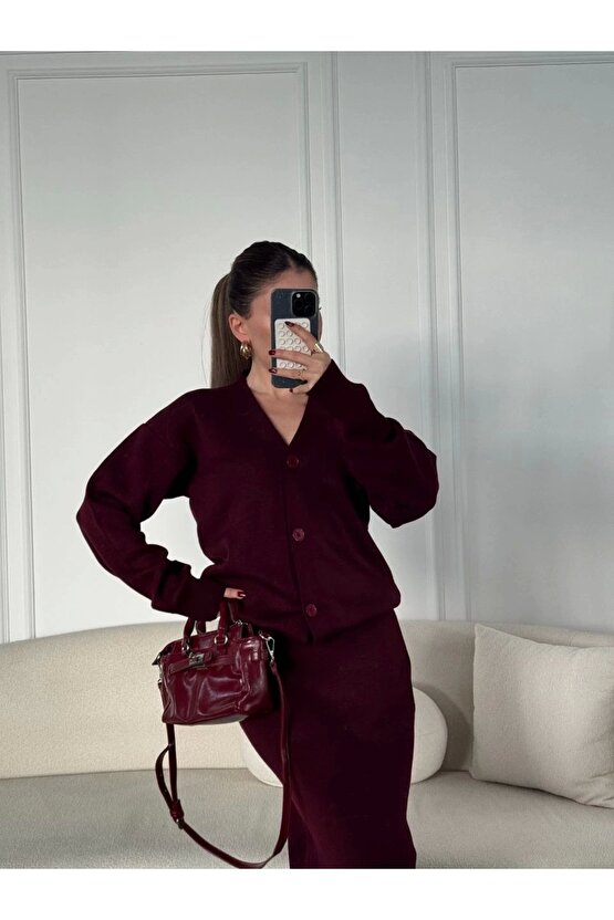 Velmora Premium V Yaka 3 Düğmeli Hırka Takım Triko İkili Etekli - Bordo