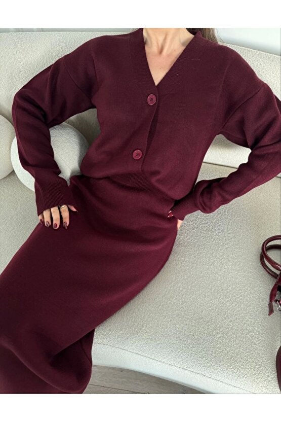 Velmora Premium V Yaka 3 Düğmeli Hırka Takım Triko İkili Etekli - Bordo
