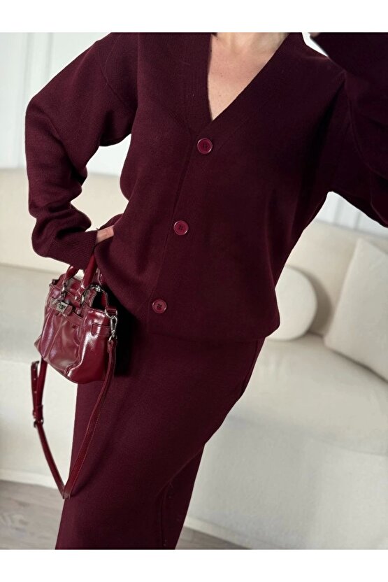 Velmora Premium V Yaka 3 Düğmeli Hırka Takım Triko İkili Etekli - Bordo