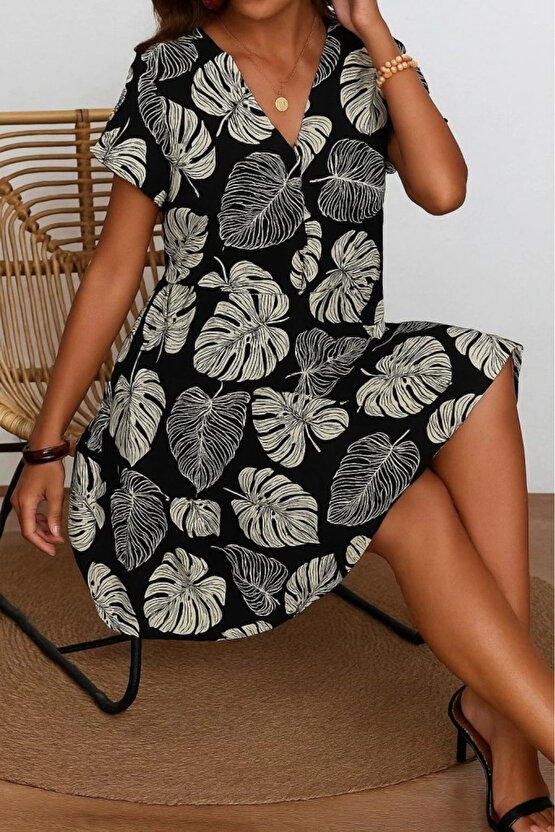 Kadın Kısa Kollu V Yakalı Kiloş Desenli Süprem Elbise