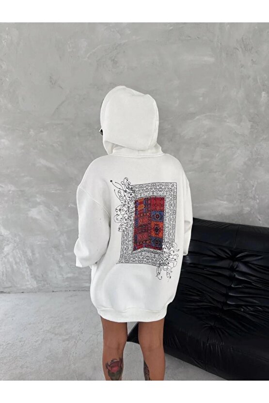 Uzun Kol Kapüşonlu Ön Ve Arka Baskılı SweatShirt - Beyaz