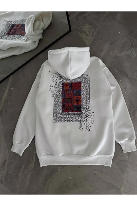 Uzun Kol Kapüşonlu Ön Ve Arka Baskılı SweatShirt - Beyaz