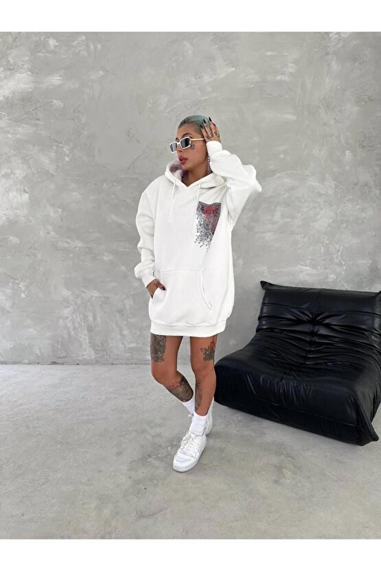 Uzun Kol Kapüşonlu Ön Ve Arka Baskılı SweatShirt - Beyaz