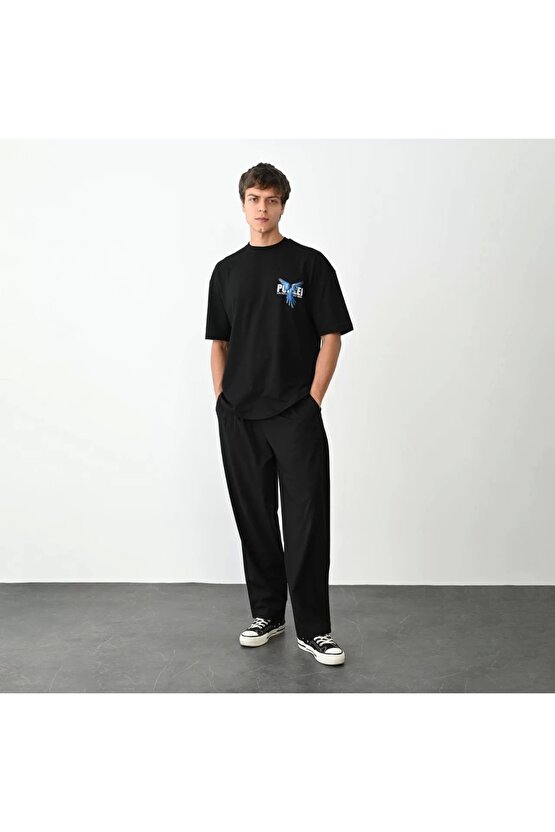 Unisex Bisiklet Yaka Baskılı Oversize T-Shirt - Siyah