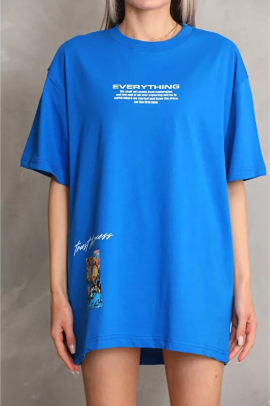 munn collection Unisex Bisiklet Yaka Baskılı Oversize T-Shirt - Mavi