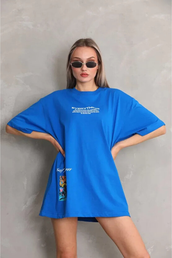 munn collection Unisex Bisiklet Yaka Baskılı Oversize T-Shirt - Mavi