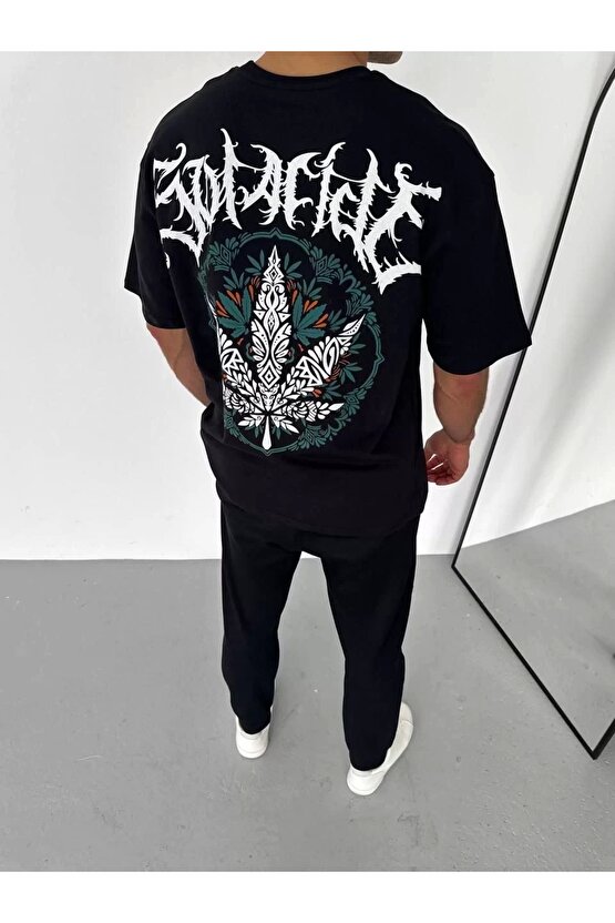 Unisex Bisiklet Yaka Baskılı Oversize T-Shirt - Siyah