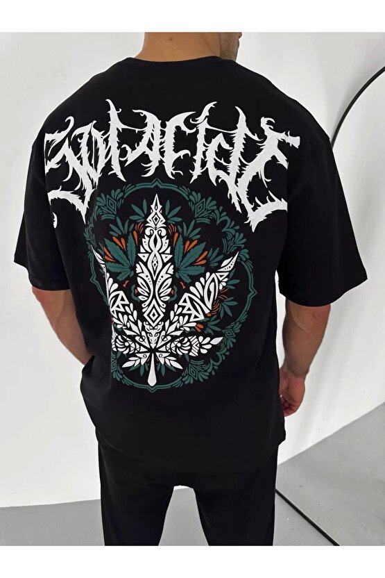 Unisex Bisiklet Yaka Baskılı Oversize T-Shirt - Siyah