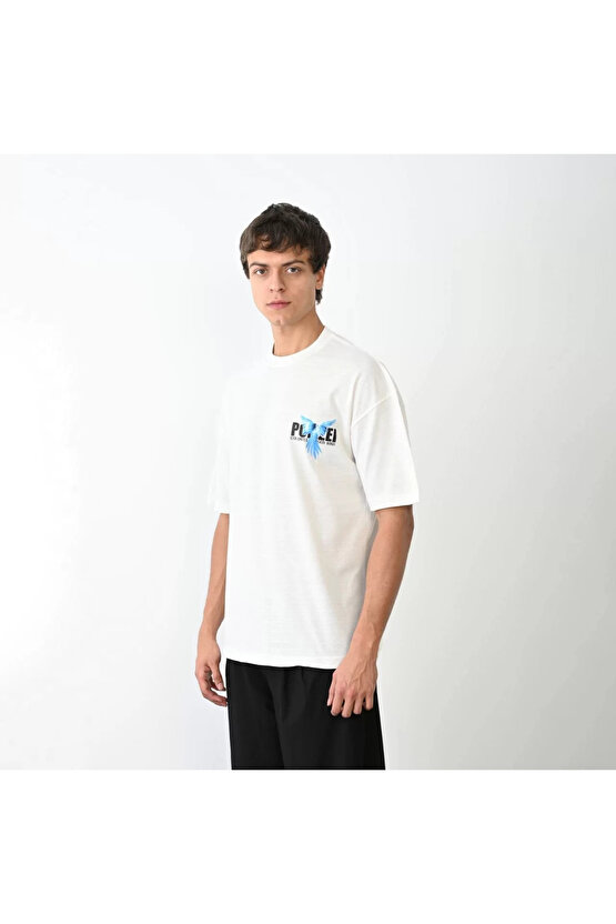 Unisex Bisiklet Yaka Baskılı Oversize T-Shirt - Beyaz