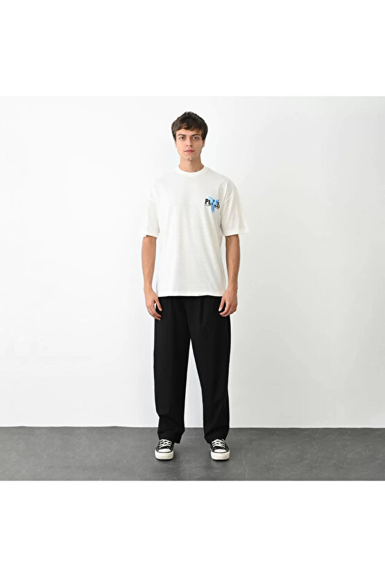 Unisex Bisiklet Yaka Baskılı Oversize T-Shirt - Beyaz