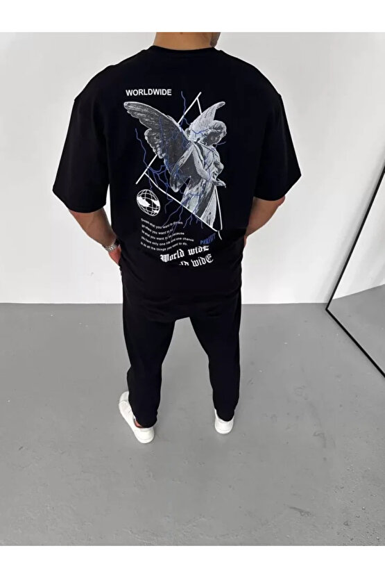 Edolika Unisex Bisiklet Yaka Baskılı Oversize T-Shirt - Siyah