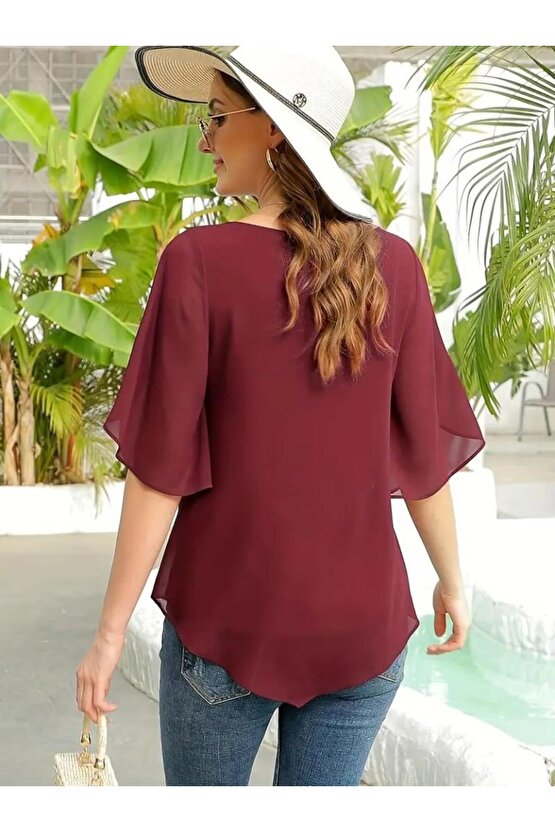 Kadın Kısa Yırtmaç Kollu Yuvarlak Yaka şifon Bluz