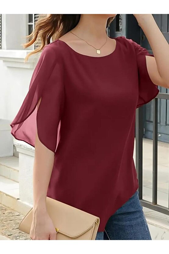Kadın Kısa Yırtmaç Kollu Yuvarlak Yaka şifon Bluz