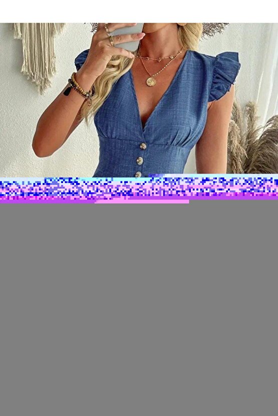 Kadın Fırfır Kollu V Yakalı Düğmeli Keten Elbise