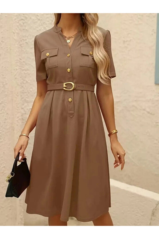 MDB Kadın Kısa Kollu Düğmeli Ve Kemerli Atlas Elbise