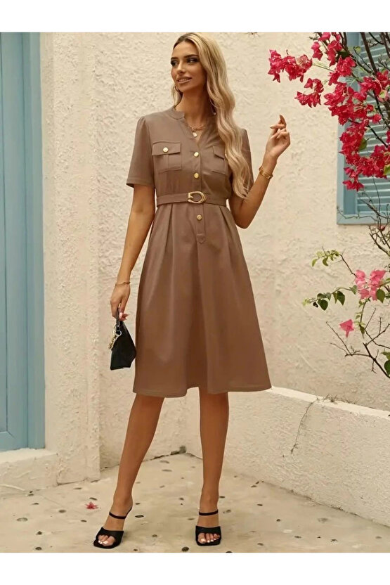 MDB Kadın Kısa Kollu Düğmeli Ve Kemerli Atlas Elbise