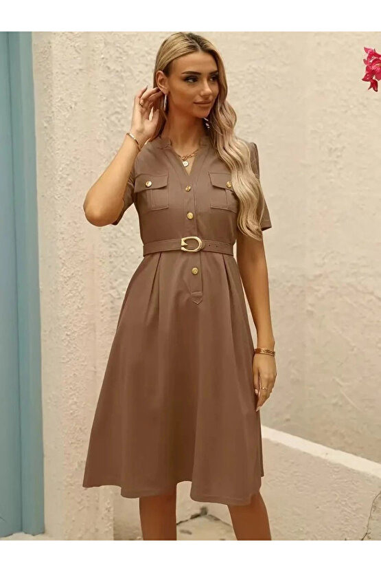MDB Kadın Kısa Kollu Düğmeli Ve Kemerli Atlas Elbise