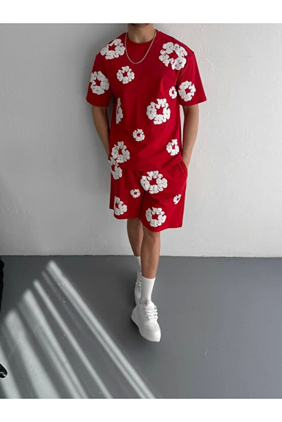 Sidelya Concept İki İplik Kumaş Baskılı T-shirt Şortlu Takım- Kırmızı