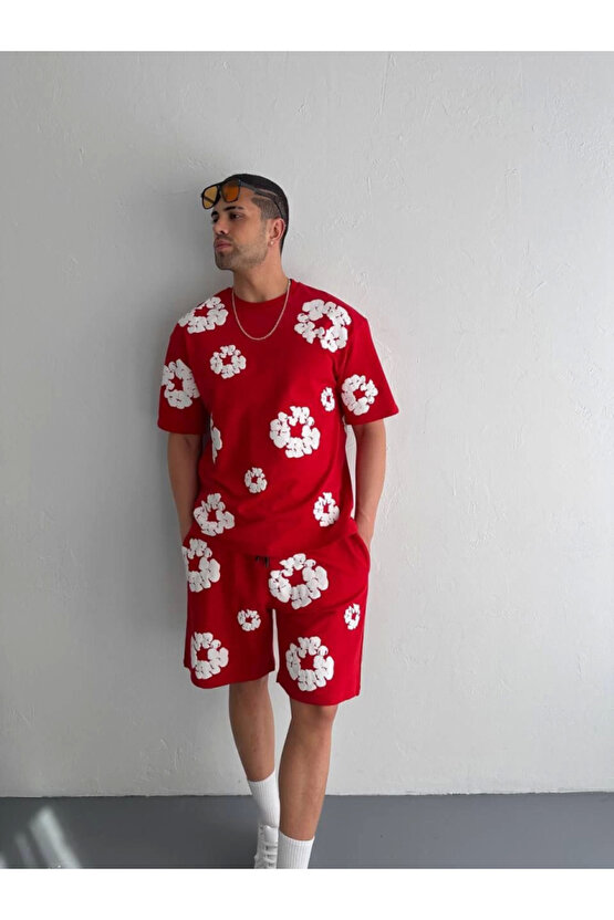 Sidelya Concept İki İplik Kumaş Baskılı T-shirt Şortlu Takım- Kırmızı