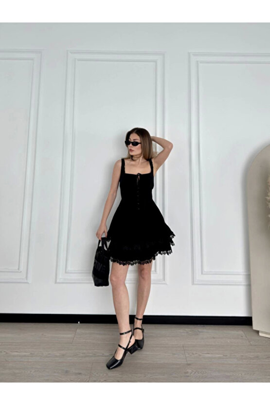 Edolika Mini Askılı Elbise - Siyah