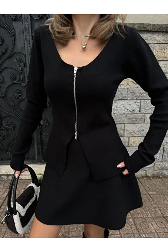 Velmora Premium İkili Fermuarlı Hırkalı Etekli Takım - Siyah -VLMR