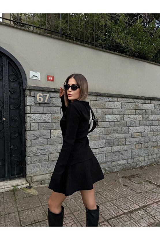 Velmora Premium İkili Fermuarlı Hırkalı Etekli Takım - Siyah -VLMR